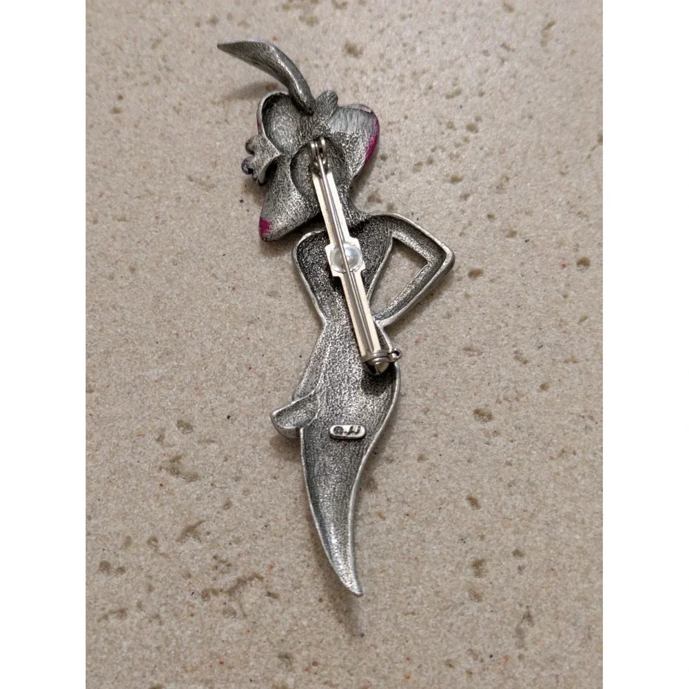 Vintage JJ Brooch Red Hat Woman Lady Silver Tone Large 3 Inches Pewter